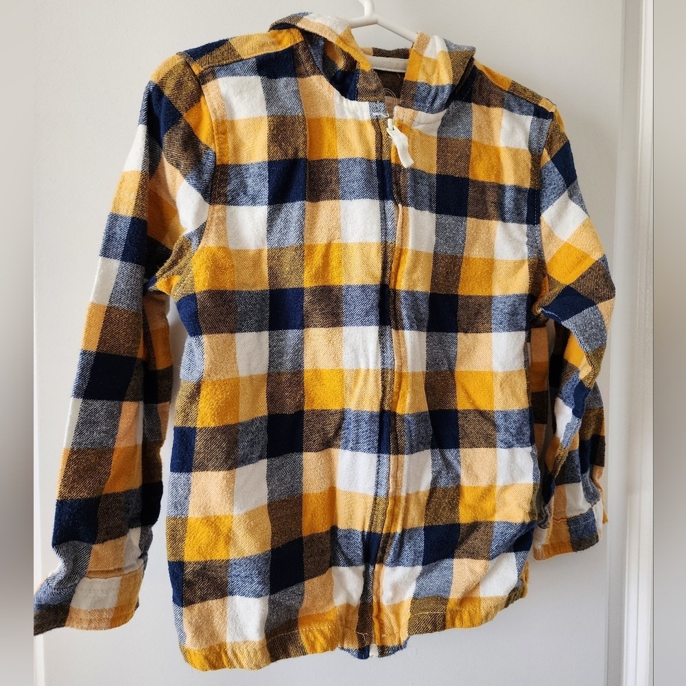 Kid's sz‎ 5T Yellow Navy Blue Plaid Full Zip Flannel Hoodie Shirt western cowboy